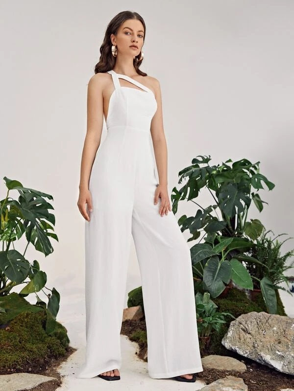 CM-JS527110 Women Elegant Seoul Style One Shoulder High Waist Solid Jumpsuit - White
