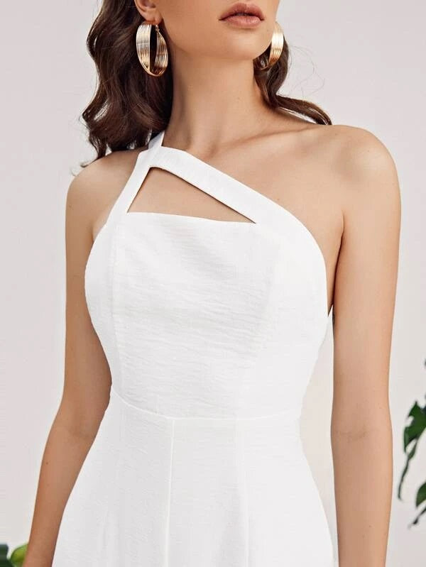 CM-JS527110 Women Elegant Seoul Style One Shoulder High Waist Solid Jumpsuit - White