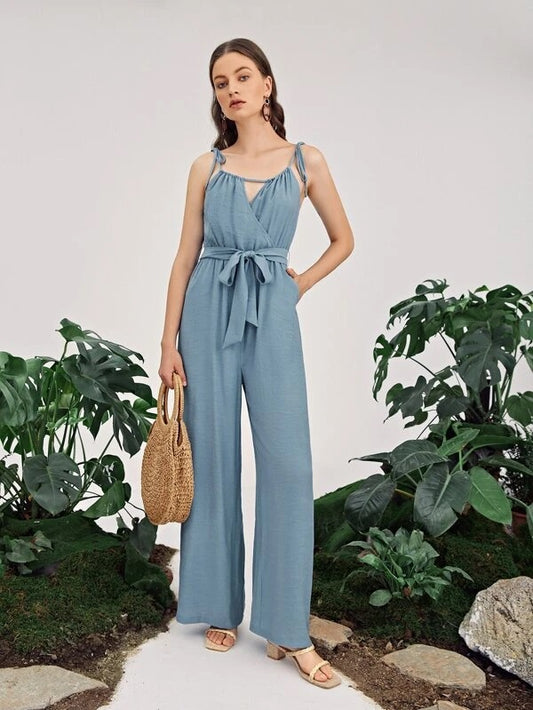 CM-JS527706 Women Casual Seoul Style Sleeveless Tie Shoulder Self Belted Jumpsuit - Dusty Blue