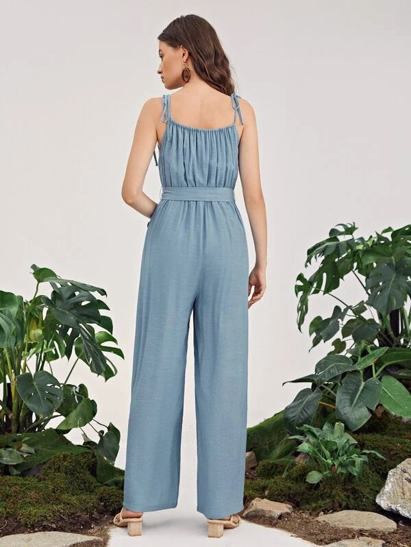 CM-JS527706 Women Casual Seoul Style Sleeveless Tie Shoulder Self Belted Jumpsuit - Dusty Blue