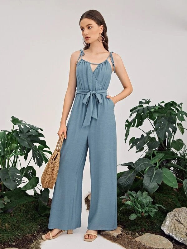 CM-JS527706 Women Casual Seoul Style Sleeveless Tie Shoulder Self Belted Jumpsuit - Dusty Blue