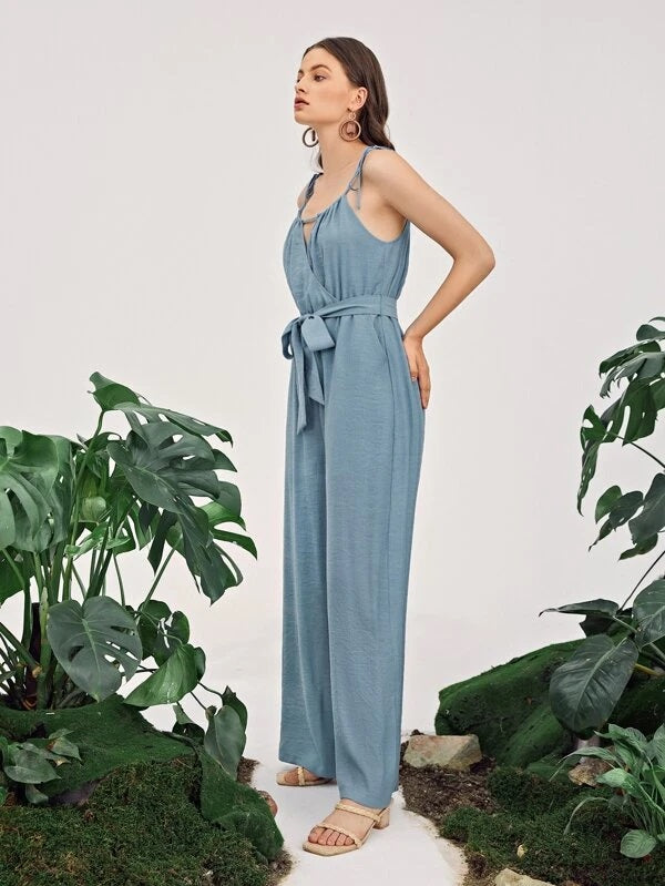CM-JS527706 Women Casual Seoul Style Sleeveless Tie Shoulder Self Belted Jumpsuit - Dusty Blue