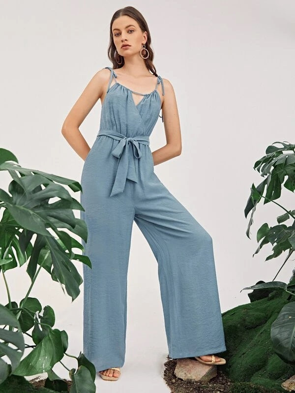 CM-JS527706 Women Casual Seoul Style Sleeveless Tie Shoulder Self Belted Jumpsuit - Dusty Blue