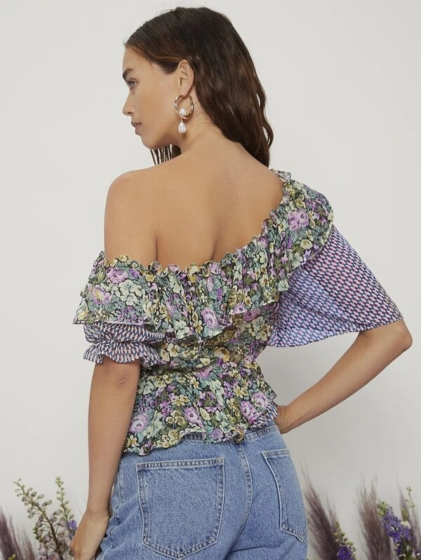 CM-TS430134 Women Casual Seoul Style Asymmetrical Neck Floral Peplum Top