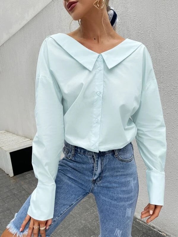 CM-TS616278 Women Casual Seoul Style Long Sleeve Drop Shoulder Solid Blouse - Mint Blue