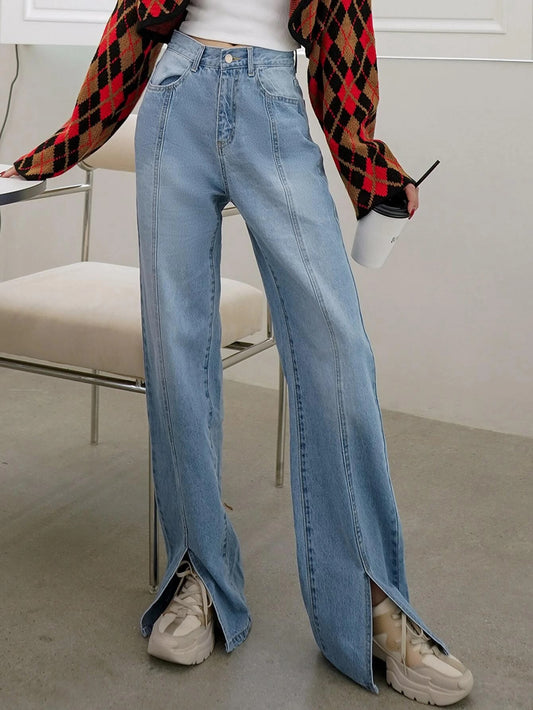 CM-BS608171 Women Casual Seoul Style Light Wash High Waist Split Straight Leg Jeans