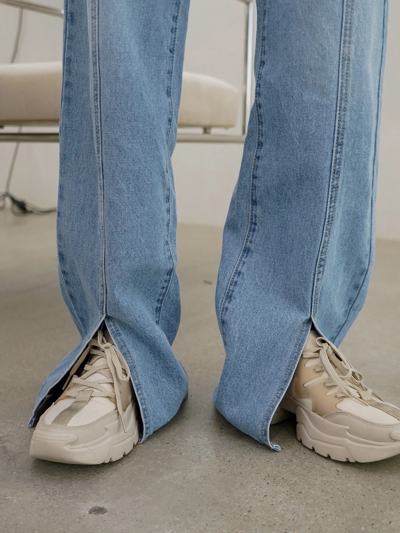 CM-BS608171 Women Casual Seoul Style Light Wash High Waist Split Straight Leg Jeans