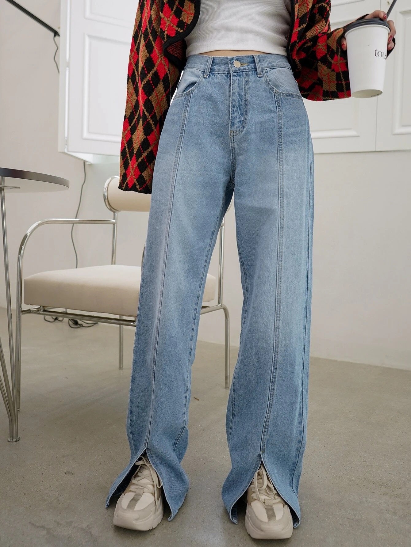 CM-BS608171 Women Casual Seoul Style Light Wash High Waist Split Straight Leg Jeans