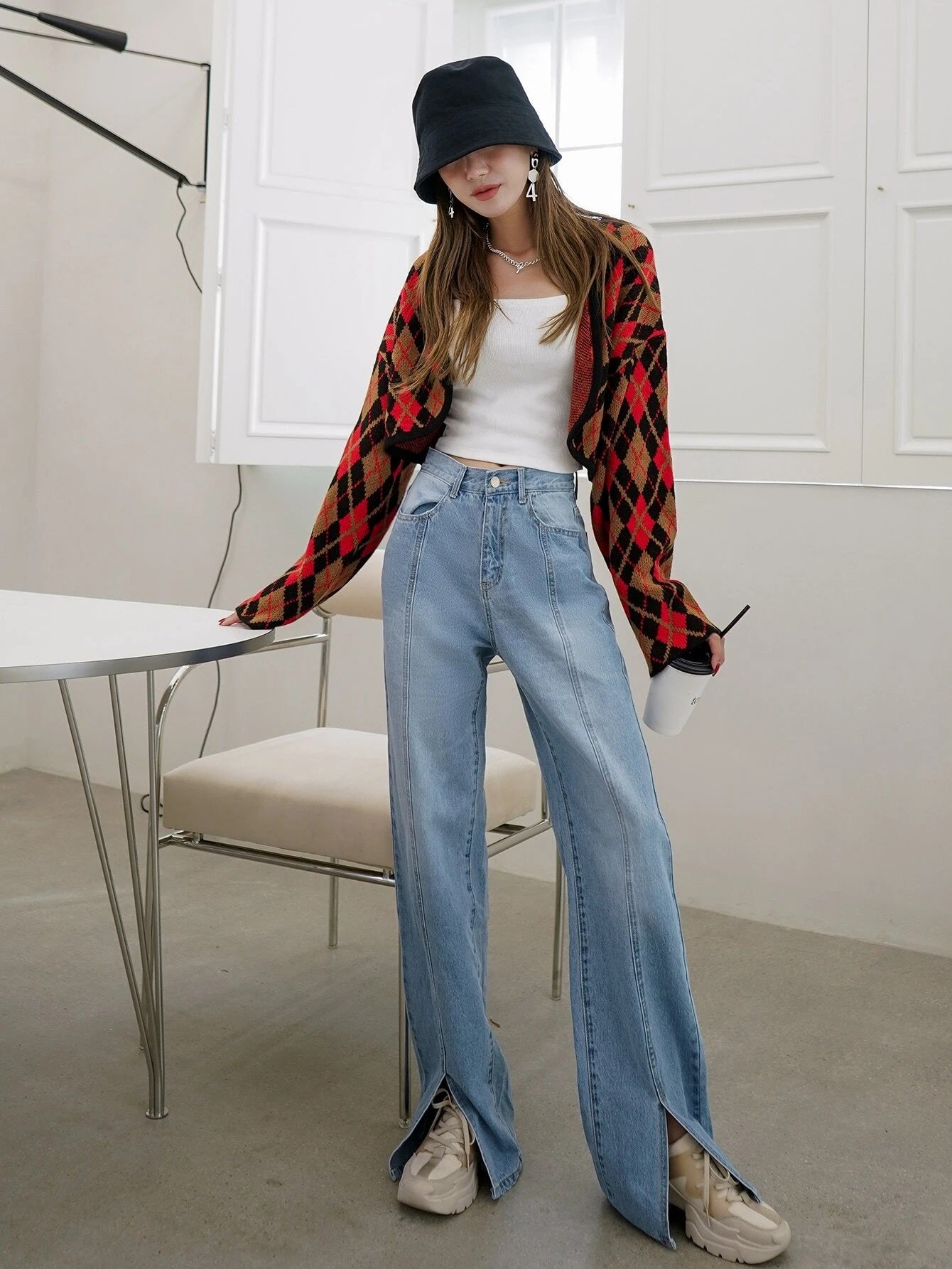 CM-BS608171 Women Casual Seoul Style Light Wash High Waist Split Straight Leg Jeans
