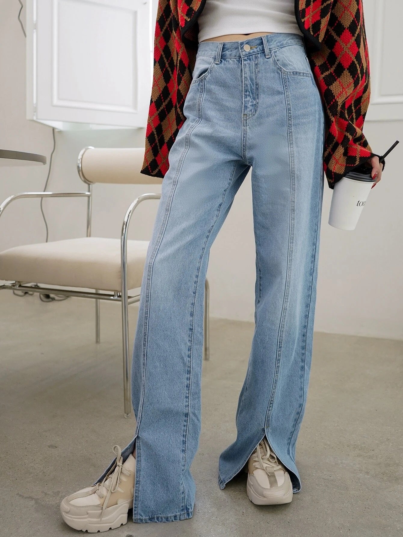 CM-BS608171 Women Casual Seoul Style Light Wash High Waist Split Straight Leg Jeans