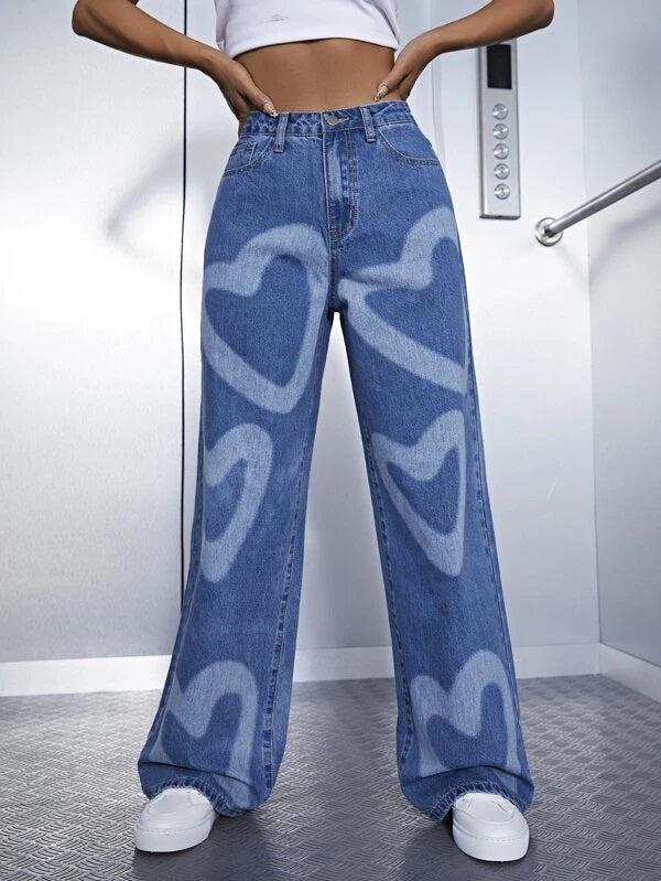 CM-BS401595 Women Casual Seoul Style Medium Wash High Waist Heart Print Wide Leg Jeans