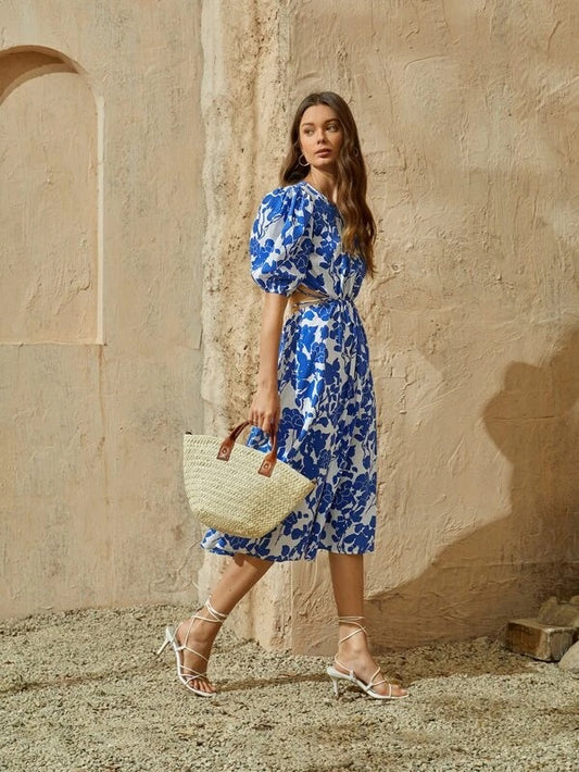 CM-DS601469 Women Trendy Bohemian Style Scoop Neck Floral Print Tie Back Cut-Out Dress
