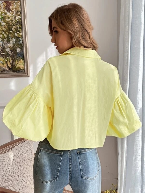 CM-TS607230 Women Casual Seoul Style Drop Bishop Sleeve Single Breasted Blouse - Yellow