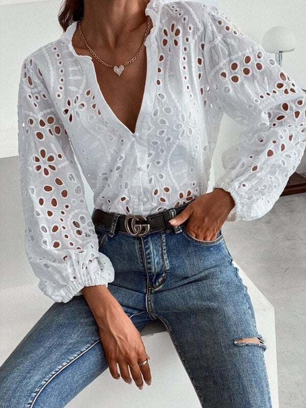 CM-TS602911 Women Elegant Seoul Style Solid Eyelet Embroidery V-Neck Blouse - White