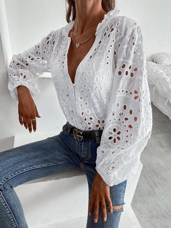 CM-TS602911 Women Elegant Seoul Style Solid Eyelet Embroidery V-Neck Blouse - White