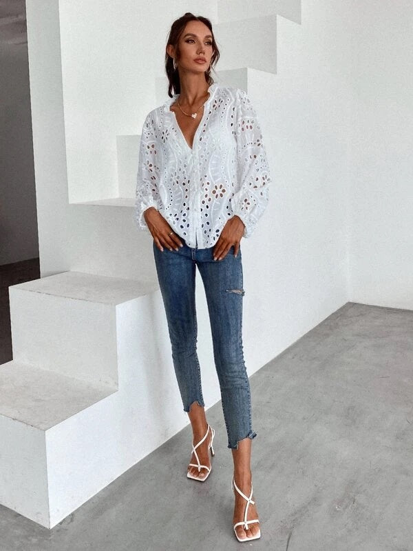 CM-TS602911 Women Elegant Seoul Style Solid Eyelet Embroidery V-Neck Blouse - White