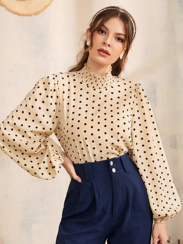 CM-TS609982 Women Elegant Seoul Style Polka Dot Print Lantern Sleeve Keyhole Back Top - Khaki