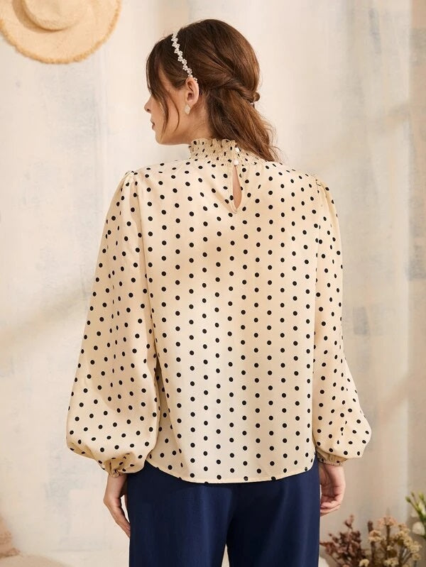 CM-TS609982 Women Elegant Seoul Style Polka Dot Print Lantern Sleeve Keyhole Back Top - Khaki