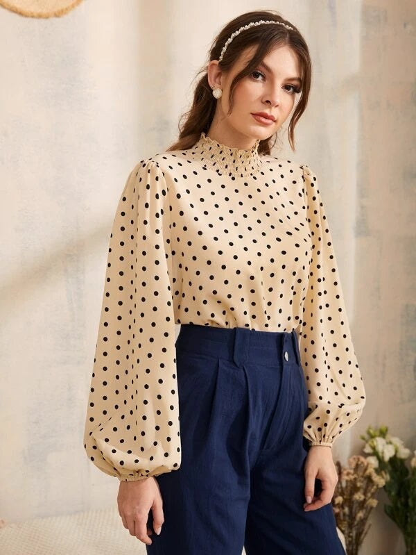 CM-TS609982 Women Elegant Seoul Style Polka Dot Print Lantern Sleeve Keyhole Back Top - Khaki
