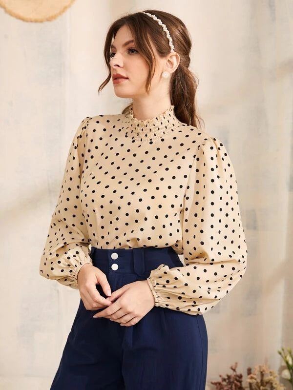 CM-TS609982 Women Elegant Seoul Style Polka Dot Print Lantern Sleeve Keyhole Back Top - Khaki