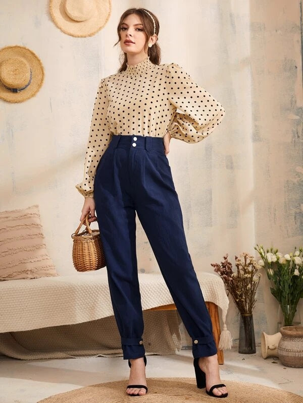 CM-TS609982 Women Elegant Seoul Style Polka Dot Print Lantern Sleeve Keyhole Back Top - Khaki