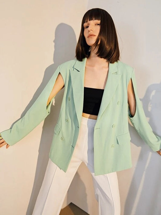 CM-CS515723 Women Elegant Seoul Style Lapel Neck Cut Out Double Breasted Blazer - Mint Green