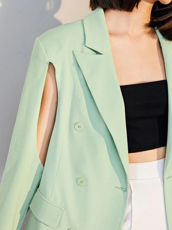 CM-CS515723 Women Elegant Seoul Style Lapel Neck Cut Out Double Breasted Blazer - Mint Green