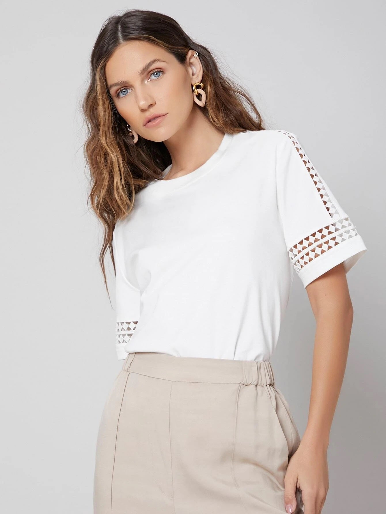 CM-TS518436 Women Casual Seoul Style Round Neck Cut-Out Short Sleeve T-Shirt - White