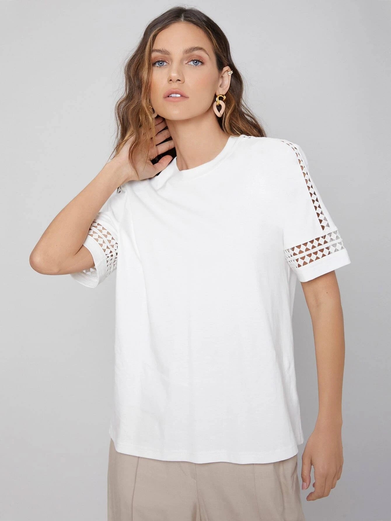 CM-TS518436 Women Casual Seoul Style Round Neck Cut-Out Short Sleeve T-Shirt - White