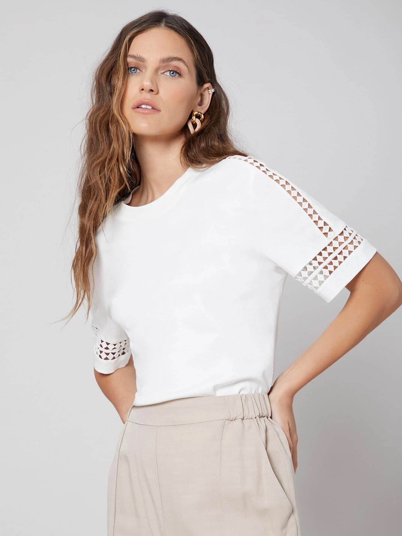 CM-TS518436 Women Casual Seoul Style Round Neck Cut-Out Short Sleeve T-Shirt - White