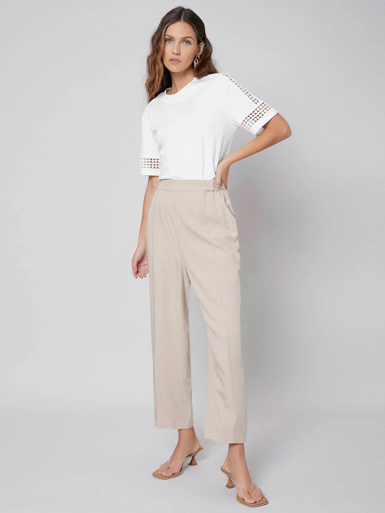 CM-TS518436 Women Casual Seoul Style Round Neck Cut-Out Short Sleeve T-Shirt - White