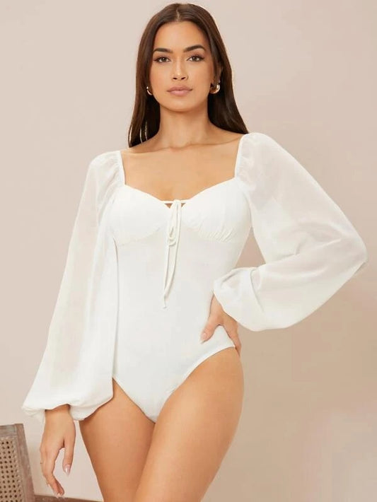 CM-TS607482 Women Elegant Seoul Style Tie Front Lantern Sleeve Bodysuit - White