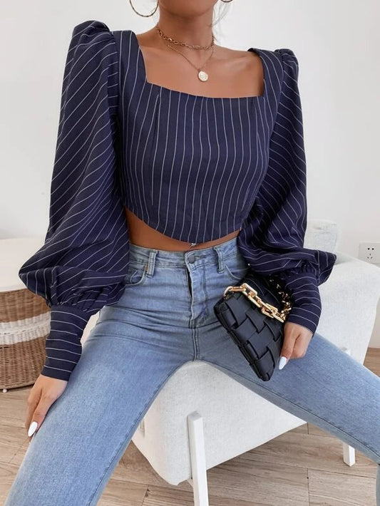 CM-TS616764 Women Casual Seoul Style Striped Print Square Neck Lantern Sleeve Crop Blouse