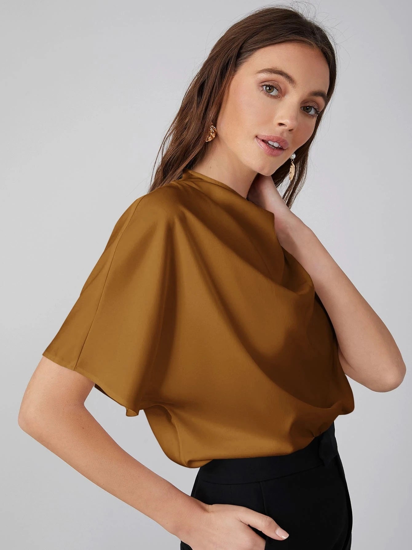 CM-TS717450 Women Casual Seoul Style Draped Cowl Neck Short Sleeve Top - Brown