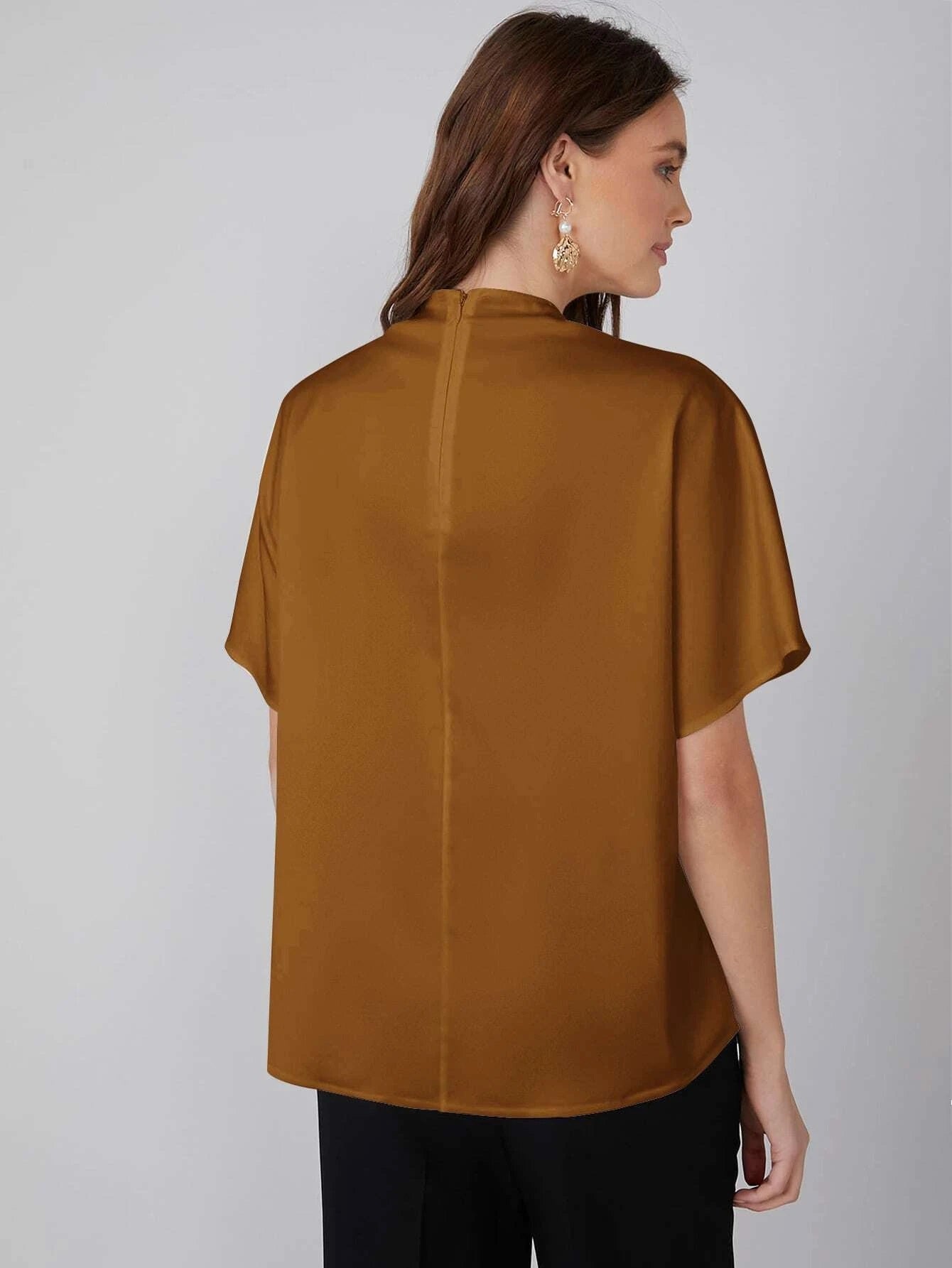 CM-TS717450 Women Casual Seoul Style Draped Cowl Neck Short Sleeve Top - Brown