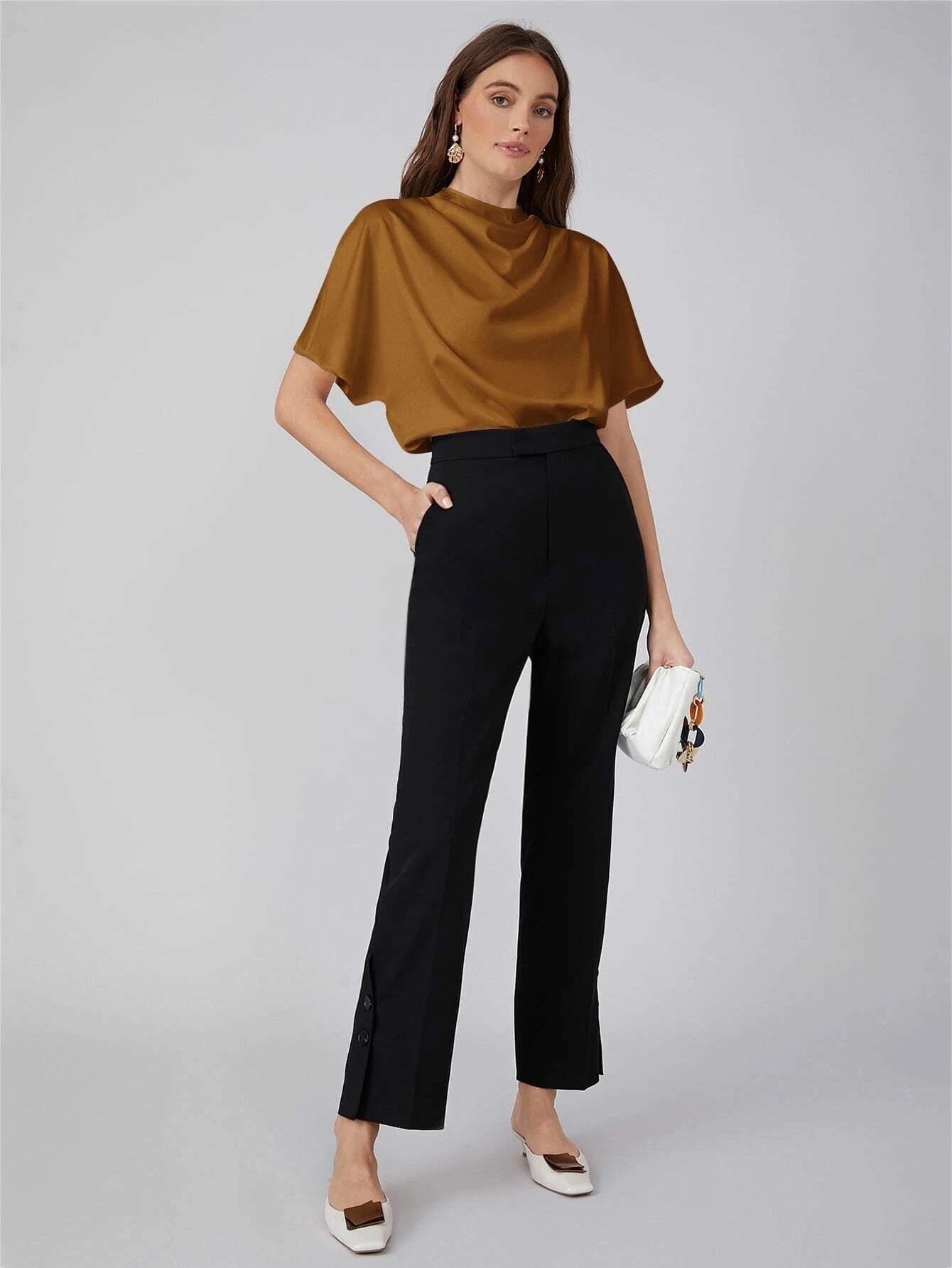 CM-TS717450 Women Casual Seoul Style Draped Cowl Neck Short Sleeve Top - Brown