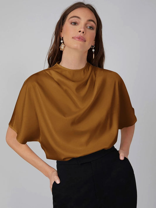 CM-TS717450 Women Casual Seoul Style Draped Cowl Neck Short Sleeve Top - Brown