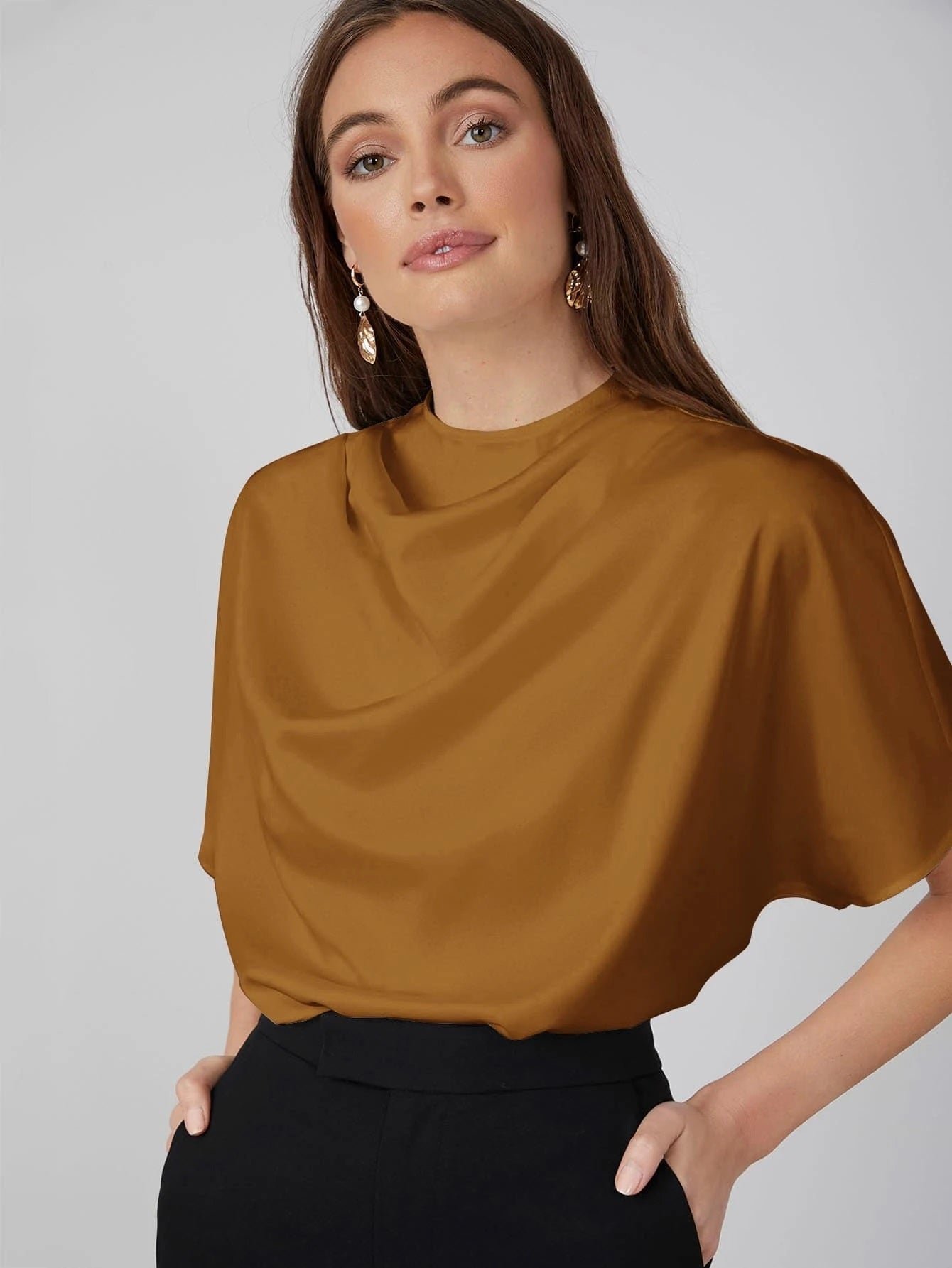 CM-TS717450 Women Casual Seoul Style Draped Cowl Neck Short Sleeve Top - Brown