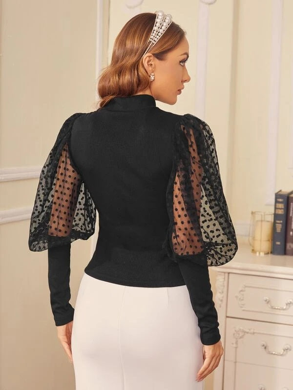 CM-TS604084 Women Elegant Seoul Style Button Contrast Mesh Bishop Sleeve Top - Black