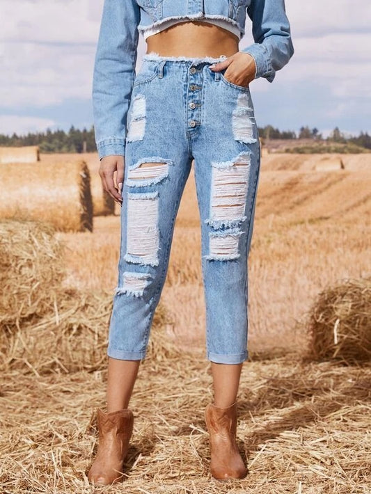 CM-BS962415 Women Casual Seoul Style High Waist Ripped Raw Cut Jeans