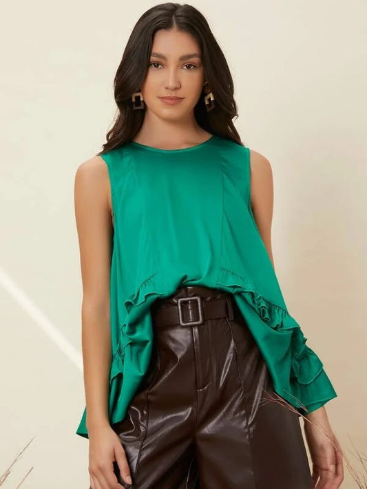 CM-TS271247 Women Casual Seoul Style Ruffle Trim Sleeveless Satin Blouse - Green