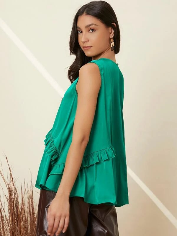 CM-TS271247 Women Casual Seoul Style Ruffle Trim Sleeveless Satin Blouse - Green