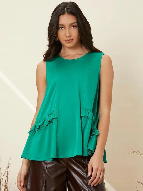 CM-TS271247 Women Casual Seoul Style Ruffle Trim Sleeveless Satin Blouse - Green