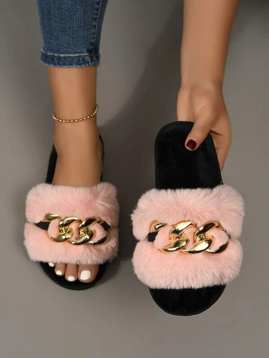 CM-SHS117374 Women Trendy Seoul Style Fluffy Chain Decor Slippers - Pink