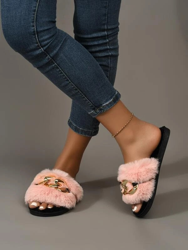 CM-SHS117374 Women Trendy Seoul Style Fluffy Chain Decor Slippers - Pink