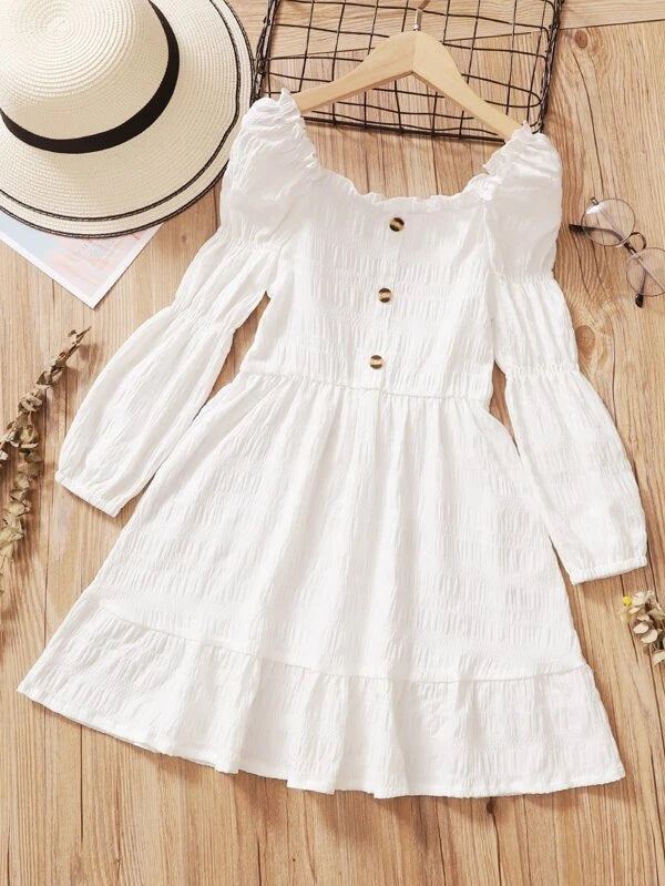 CM-KD609895 Girls Seoul Style Square Neck Puff Sleeve Ruffle Hem Dress - White