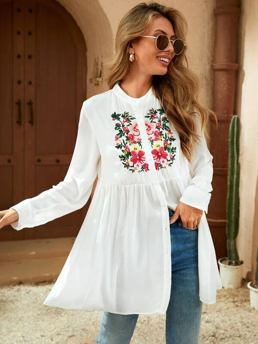 CM-TS602237 Women Casual Seoul Style Floral Embroidery Peplum Blouse - White