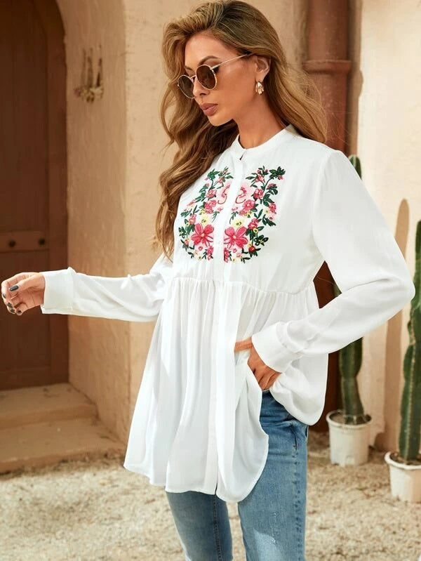 CM-TS602237 Women Casual Seoul Style Floral Embroidery Peplum Blouse - White