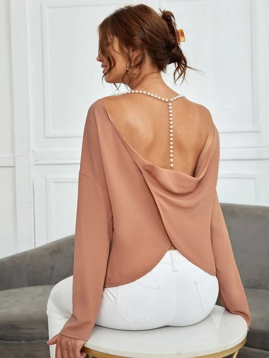 CM-TS070746 Women Casual Seoul Style Pearls Chain Draped Open Back Blouse - Dusty Pink