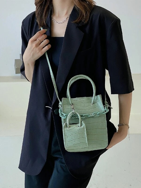 CM-BGS205099 Women Casual Seoul Style Croc Embossed Bag Set - Green